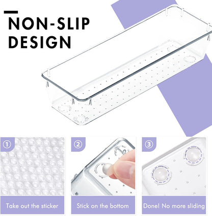 HOUSE DAY Desk Drawer Organizer Bins, 4 PCS Clear Drawer Organizers with Silicone Pads for Makeup, Office