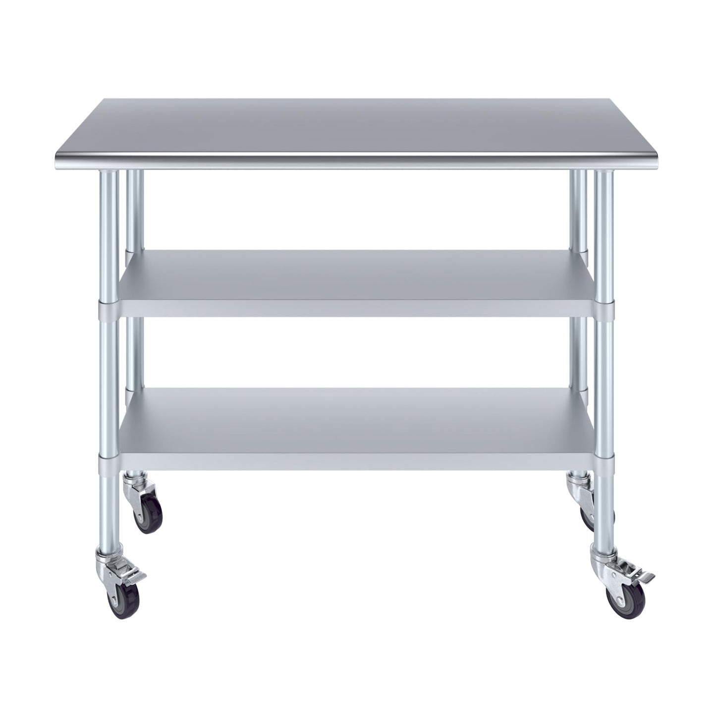 AmGood Stainless Steel Work Table with 2 Shelves and Casters | Metal Utility Table On Wheels (Stainless Steel Work Table with 2 Shelves + Casters, 48" Long x 18" Deep)
