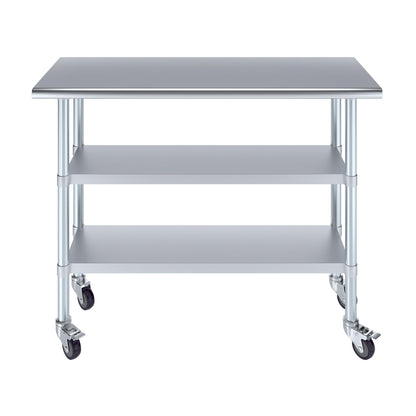 AmGood Stainless Steel Work Table with 2 Shelves and Casters | Metal Utility Table On Wheels (Stainless Steel Work Table with 2 Shelves + Casters, 48" Long x 18" Deep)