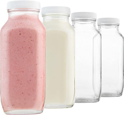 16oz Pack 4 kitchentoolz Square Glass Milk Bottles with Airtight Plastic Lids of | Reusable Milk Containers for Fridge
