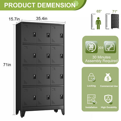 pozdeg Metal Lockers for Employees, 12 Doors Steel Storage Locker with Name Card Holders & Ventilation Holes, Heavy Duty Employee lockers for Office School Gym Garage, Easy Assembly, Black ﻿