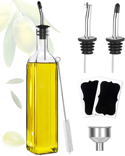 17oz/500ml 2 2 1 1 Showvigor Olive Oil Dispenser, Square Tall Glass Container With Stainless Steel Pourers, Labels