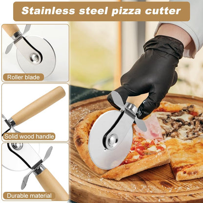 Pizza Oven Accessories Kit w/Pizza Oven Brush & Stone Scraper, 7.8inch Aluminum Perforated Long Handle Nonstick Pizza Turning Peel Cutter Wheel for Outdoor Homemade Baking Pizzas