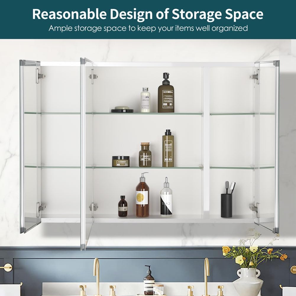 Movo Double Doors Medicine Cabinet with Mirror, 36 inch X 26 inch Aluminum Bathroom Medicine Cabinet, Adjustable Glass Shelves, Waterproof and Rust-Resist, Recess or Surface Mount Installation,Silver