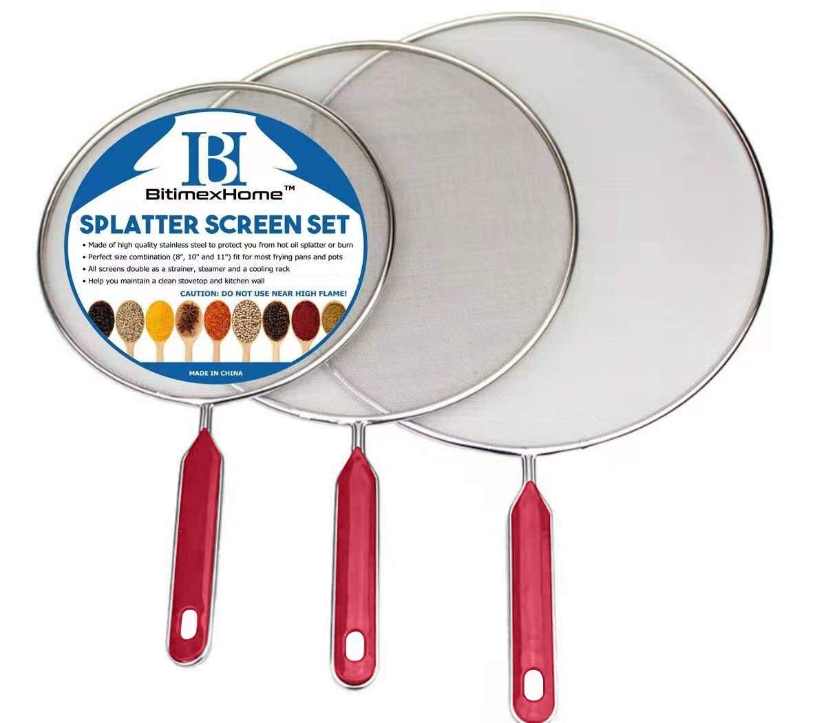 BitimexHome Grease Splatter Screen For Frying Pan Cooking Set of 3 (8", 10" and 11") Fine Mesh Iron Skillet Lid Guard Shield