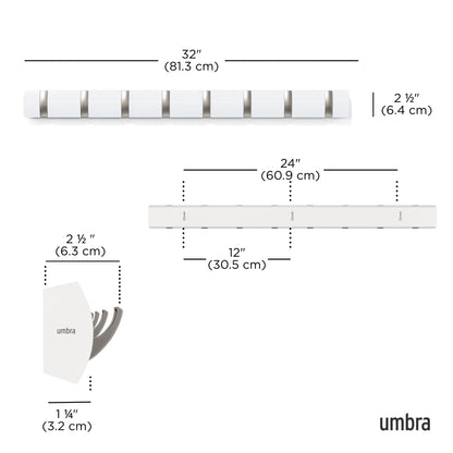 Umbra Flip Wall-Mounted Coat Rack with 8 Hooks – Modern, Space-Saving Storage for Hats, Jackets, Bags, Entryway, Mudroom, Closet, Bathroom, Bedroom – White/Nickel