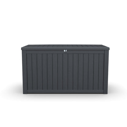 Large Outdoor Storage Deck Box, Resin Patio Container with Lockable Lid, Hydraulic Lift, Wood Texture Panels, Bench Table Function for Cushions Garden Tools Pool Gear Sports Equipment (180 Gallon)