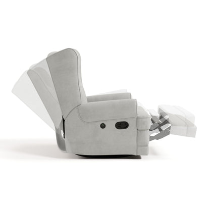 Storkcraft Serenity Upholstered Swivel Glider with USB Charging Port (Steel) – Fully Upholstered Wingback Nursery Glider Recliner with Manual Recline Function, Rocking Chair, 360 Swivel Base