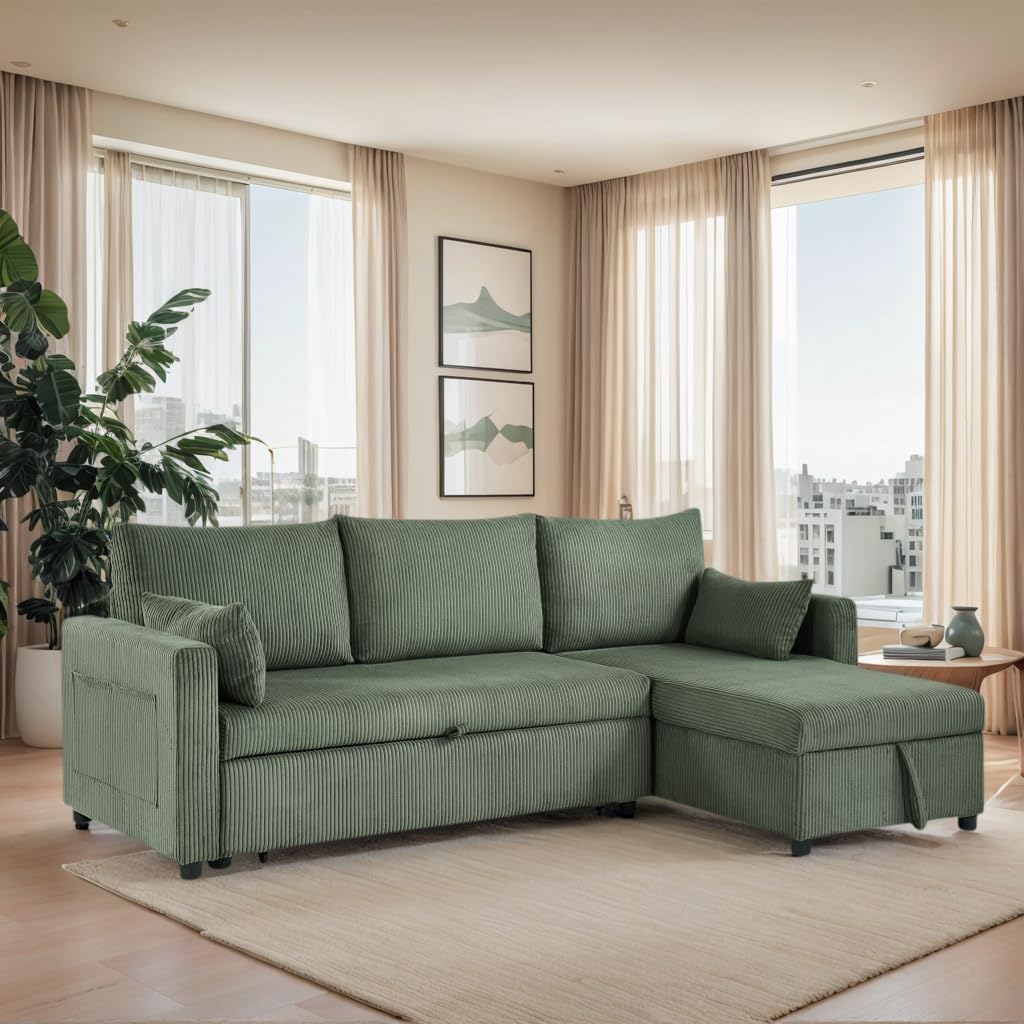Trygoal Sectional Sleeper Sofa with Pull Out Bed, LShape Convertible Sofa Bed Couch with Storage Chaise, 3 in 1 Pull Out Sofa Bed with 3 Seats, for Living Room,Apartment, Green, 85Inch