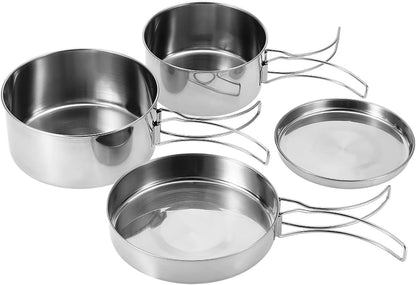 Portable Cookware Set, 4 Pcs Stainless Steel Camping Kitchenware Pan Pot Plate Tableware for Outdoor Cooking
