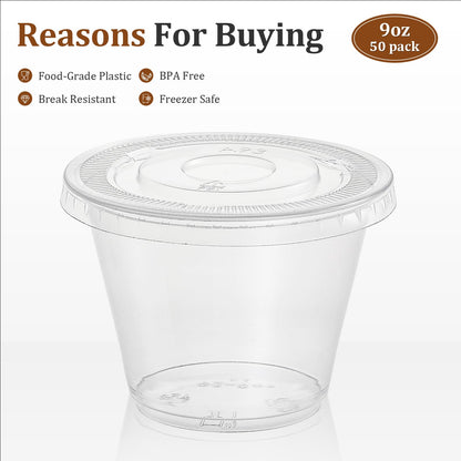 AOZITA [50 Sets, 9 oz Clear Plastic Cups With Flat Lids No Hole, Disposable Cups With Lids for Ice Cream, Pudding, Cake, Snacks Smoothie, Milkshake, Cold Drinks
