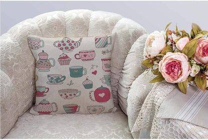 HGOD DESIGNS Doodle Cups Throw Pillow Cover, Teapots and Cupcakes in Pastel Colors, Cotton Linen 18x18 inch