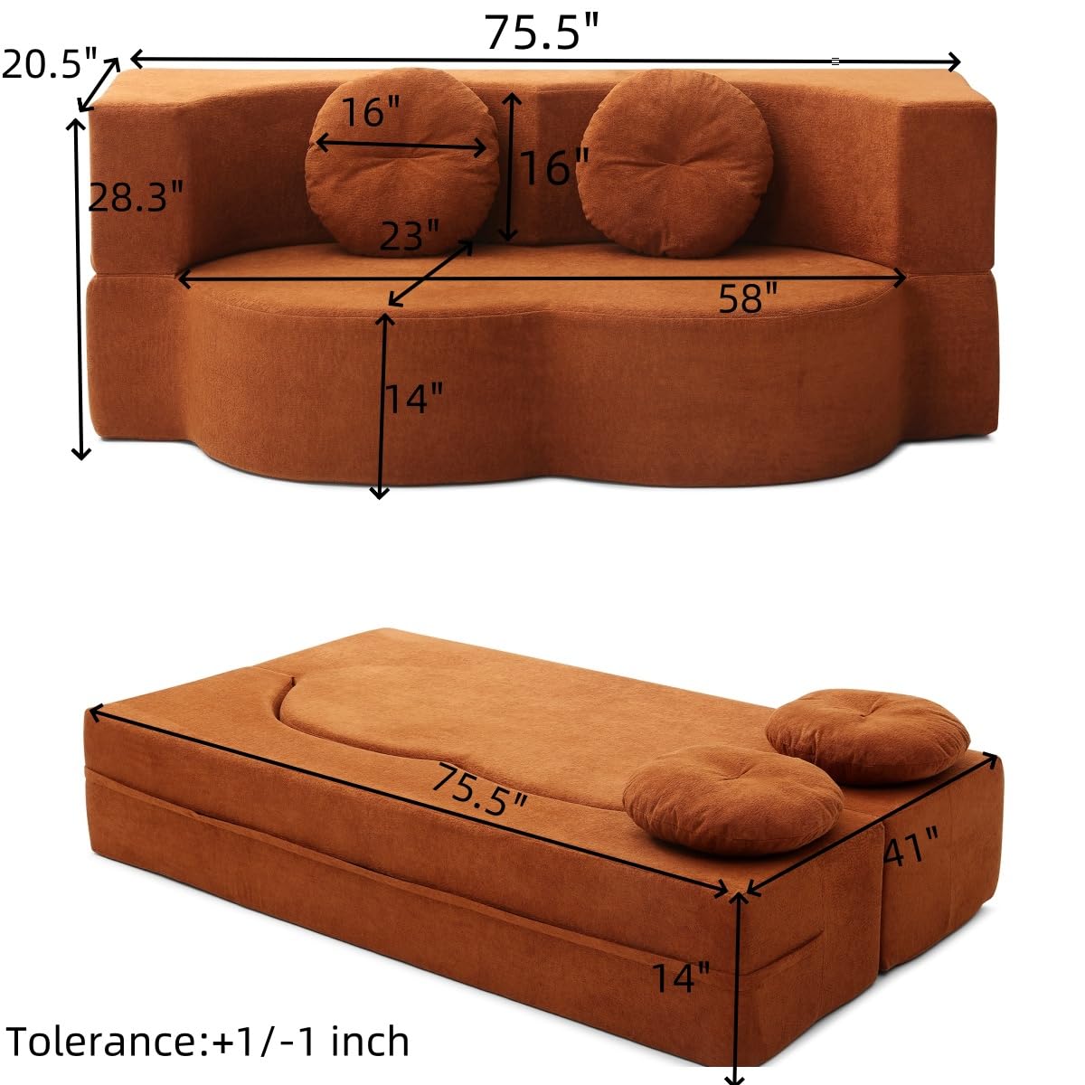 KEIKI 2-in-1 Folding Sofa Bed with Pillow, Sleeper Sofa, Floor & Futon Loveseat Couch, Foam Folding Mattress for Living Room, Guest Use, Office, Apartment, No Assembly Required, Orange