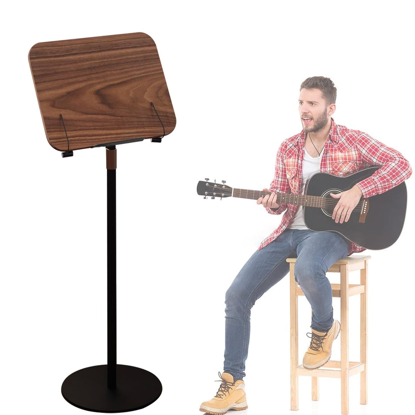 JOMRTS Wood Music Book Stand, High Stability Sheet Music Stand with Spring Book Clip, Retro, Walnut Color, Station for Conductors, Height Adjustable 64-122cm, Durable