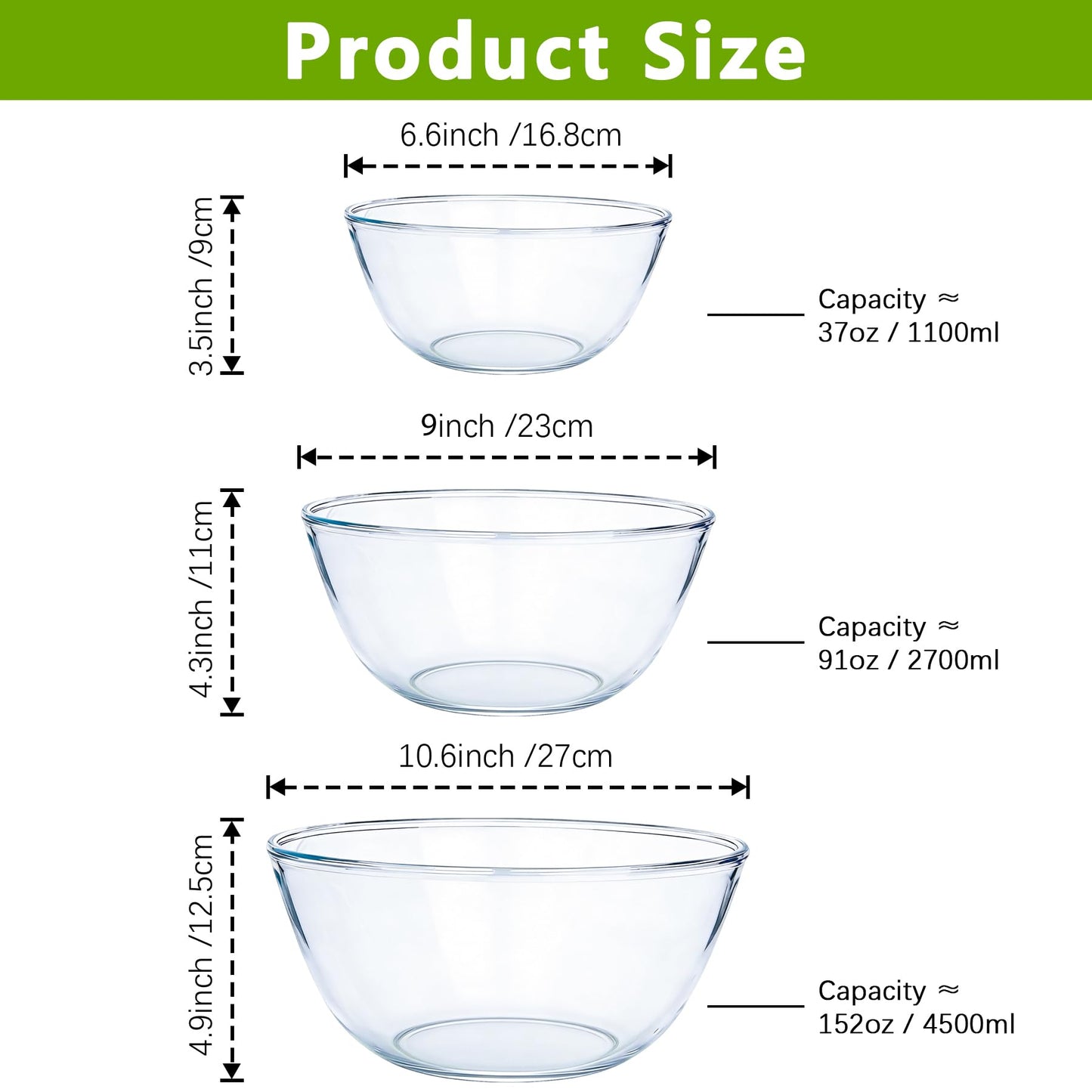 Vitrignis Glass Mixing Bowl Set Of 3（1.1qt 2.8qt 4.7qt）- Large High Brosilicate Mixing Bowls For Kitchen Prepping Serving And Storage - Microwave Dishwasher Oven Safe