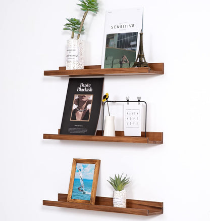 24 Inch 3 MBYD Floating Wall Shelves Wood Photo Picture Ledge Shelf, Light Walnut Nursery Kids Bookshelf Same Sizes
