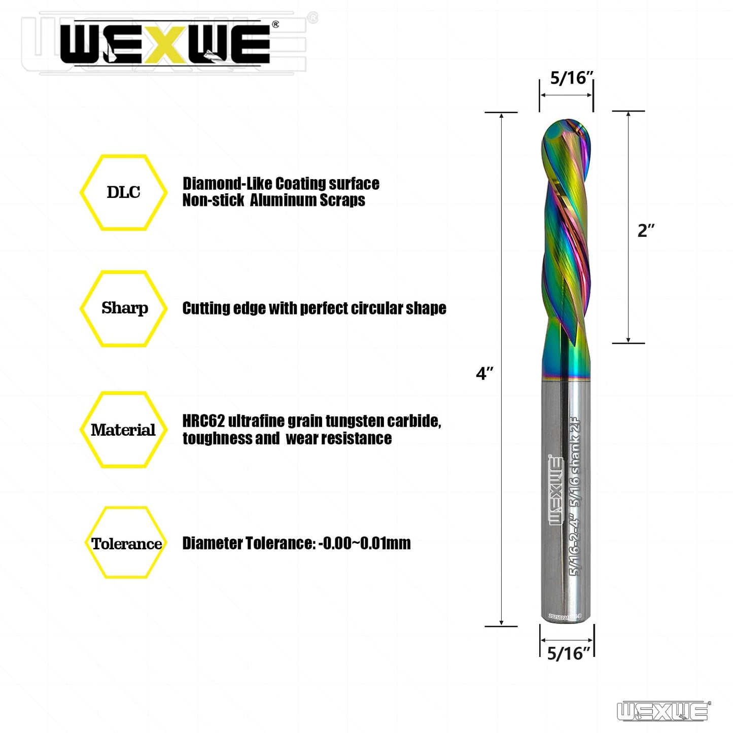 WEXWE Tools Extra Long Ball Nose Carbide End Mill, CNC Cutting Tools for Aluminum Cutting,Wood Cutting, More Wear Resistant, Suit for 3D Carving & Engraving. 2 Flute Router Bits (5/16-4" 1pcs