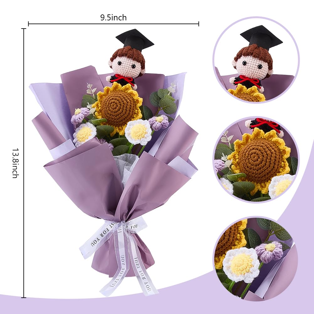 ORIGACH DIY Crochet Graduation Bouquet with Personalized Doll Kit for Beginner Adults Handmade Crochet Sunflower Bouquet & Graduate Girl Doll for Graduation Gift, Teacher Appreciation Gifts