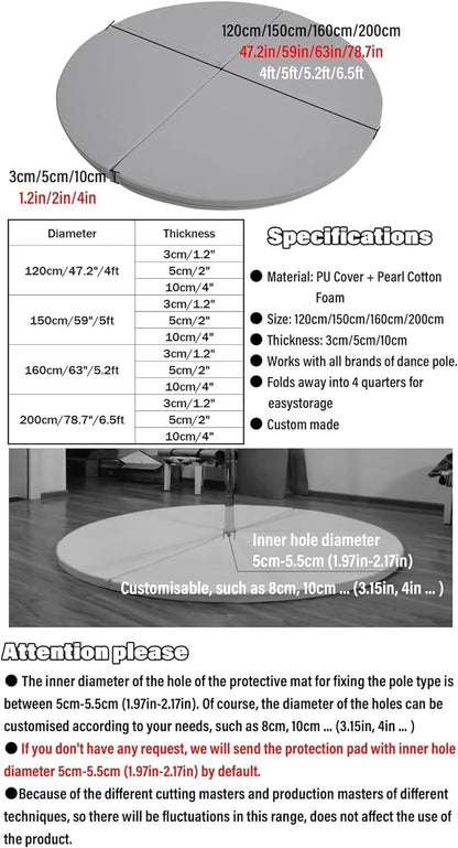 Purple Dance Pole with Static Function & Gymnastics Crash Mat - 3/5/10cm Thick Safety Landing Pad, PU Leather, Non-Slip Cover - 150cm/5ft/59in Size