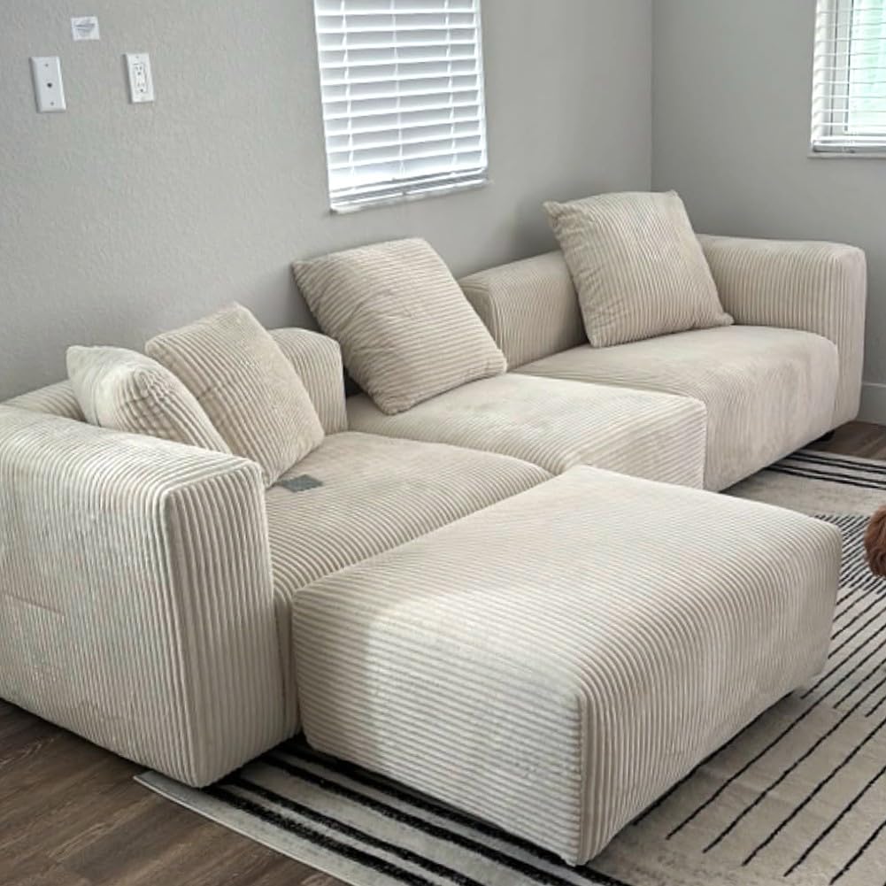 Acanva Corduroy Convertible Modular L Shaped Sectional Sofa, 4 Seater Free Combination Corner Couch, Convertible to DayBed, Wide Loveseat with Moveable Ottomans for Small Spaces, Sleeper Bed, White