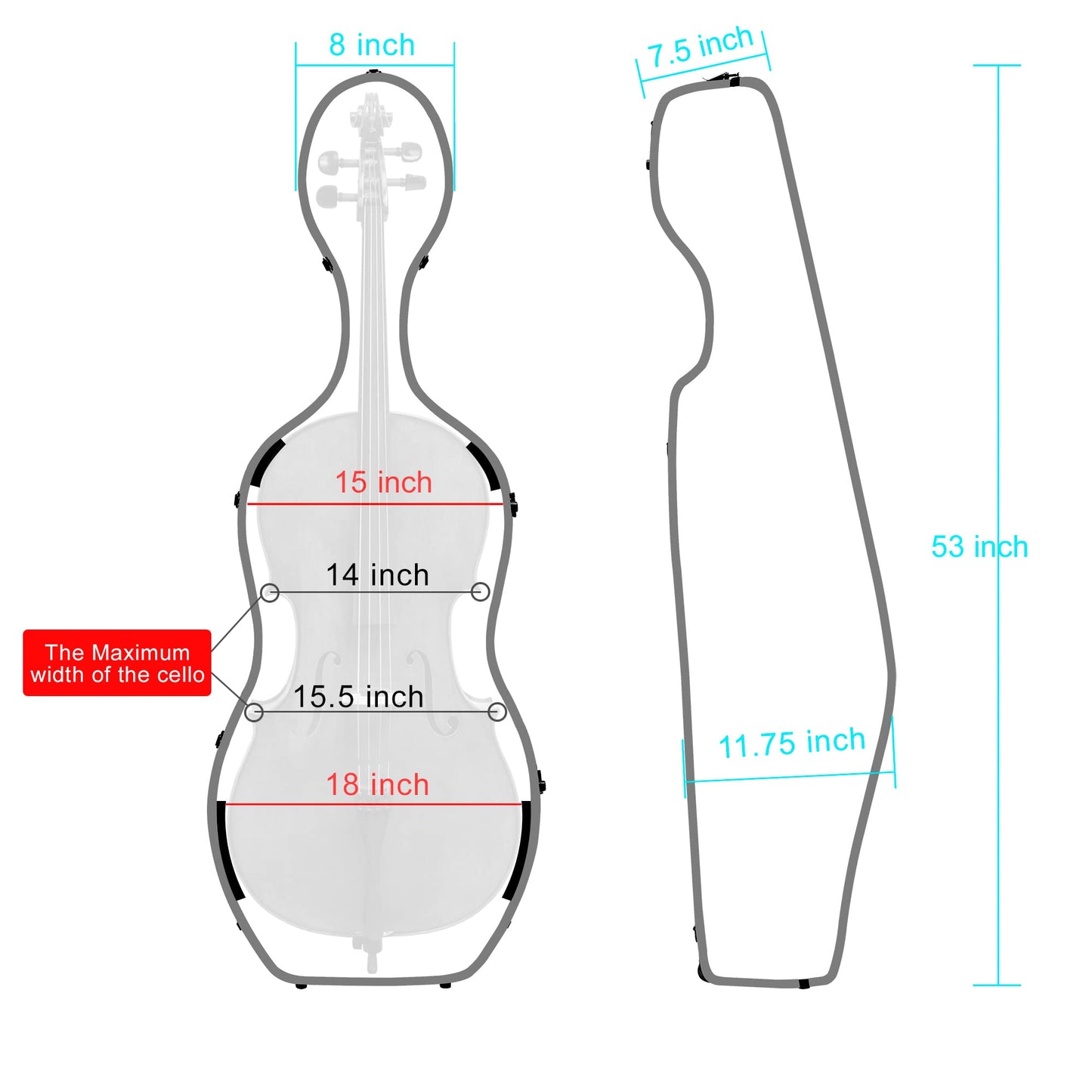 MI&VI Forte Series Hard Cello Case (Full Size) with Wheels — Polycarbonate Tough Shell Case for 4/4 Sized Cellos (Silver)