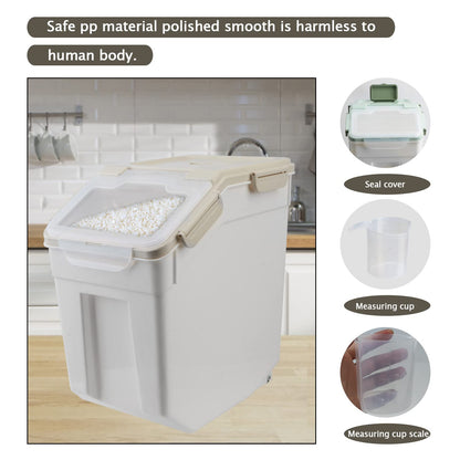 Qiveno Large Flour Storage Container Bin 25lb, 2Pack Airtight Rice Storage Containers with Wheels Seal Locking Lid, BPA Free with Measuring Cup&Scoop for Flour, Rice, Grain(Gray)