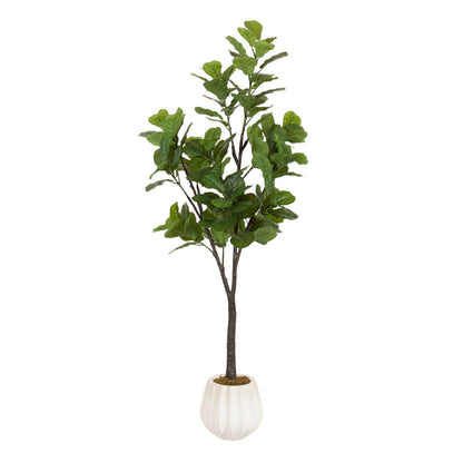 Kate and Laurel Fidmont Faux Fiddle Fig Tree with Claudel Scalloped Planter Pot, 6 FT, White, Potted Artificial Tree Indoor with Realistic Foliage and Added Moss, Fake Plant for Living Room Decor