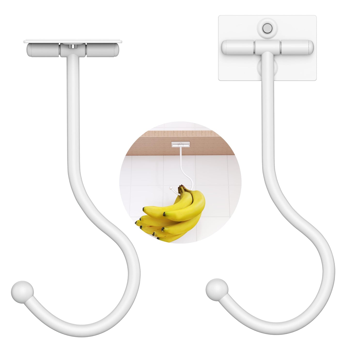 Josmimic Modern Banana Hanger Hook Under Cabinet: Adhesive Banana Holder, Foldable with Magnets When Not in Use, Under Counter Banana Hook, Stainless, Hold 13 LB, White, 2 Pack