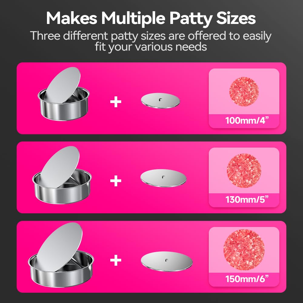 BOOROS Commercial Burger Patty Maker 3 in 1 Stainless Steel Burger Press 4/5/6 Inch Hamburger Press Patty Maker, Easy to Clean,Comes Equipped with 1200 Pcs Patty Papers for Beef Pork Chicken Patty