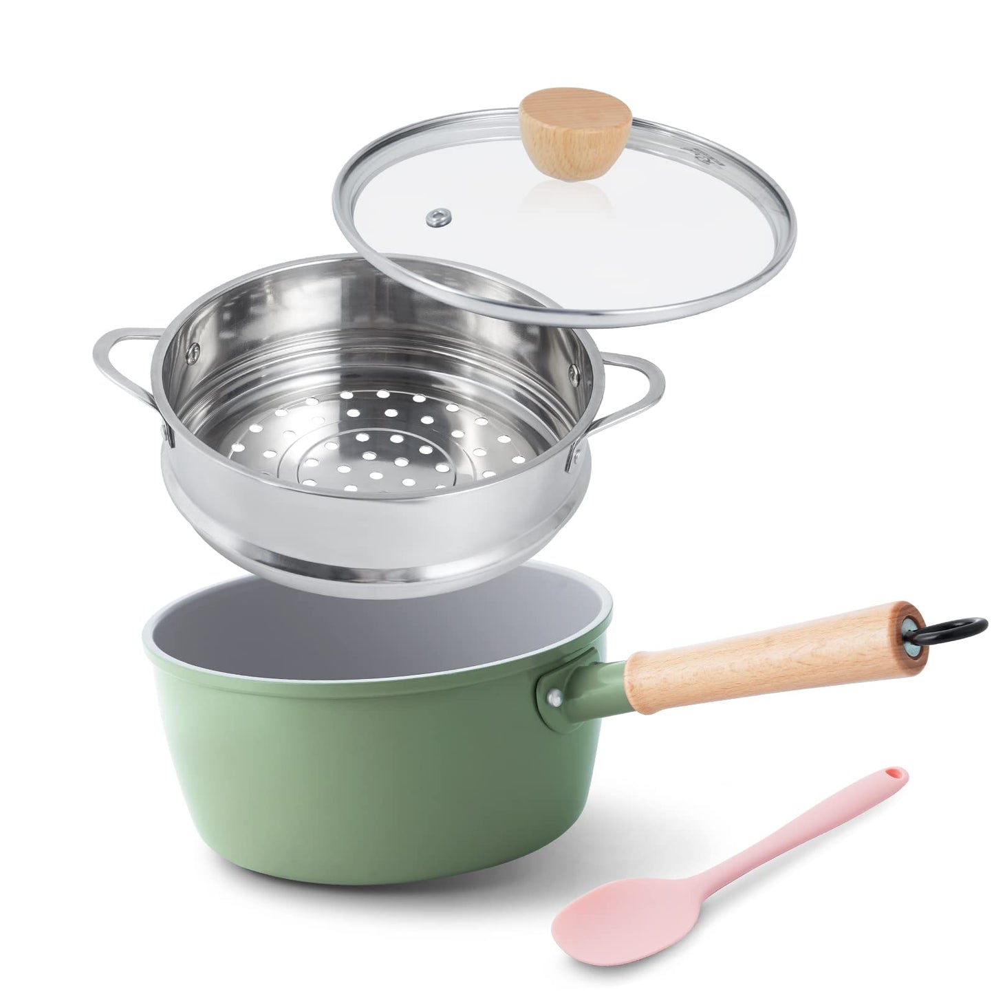ROCKURWOK Ceramic Nonstick Sauce Pan with Lid, 2 Quart Cooking Pot, Small Saucepan with Steamer, PTFE& PFAS-Free, Wooden Handle for Cool Touch, Universal Base(Gas, Electric & Induction), Green