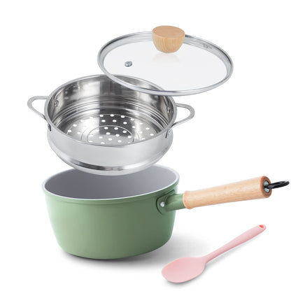 ROCKURWOK Ceramic Nonstick Sauce Pan with Lid, 2 Quart Cooking Pot, Small Saucepan with Steamer, PTFE& PFAS-Free, Wooden Handle for Cool Touch, Universal Base(Gas, Electric & Induction), Green