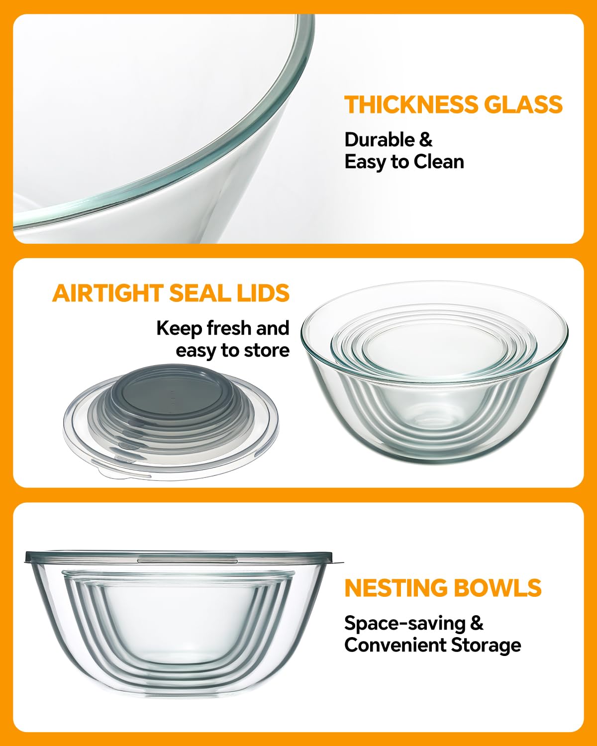 Glass Mixing Bowls with Lids Set of 5(4.78QT,2.2QT,1.7QT,1.1QT,0.85QT),Thick Glass Nesting Bowls for Kitchen Baking,Cooking Prep,Storage,Serving,Large Salad Bowls,Dishwasher Microwave Freezer Safe