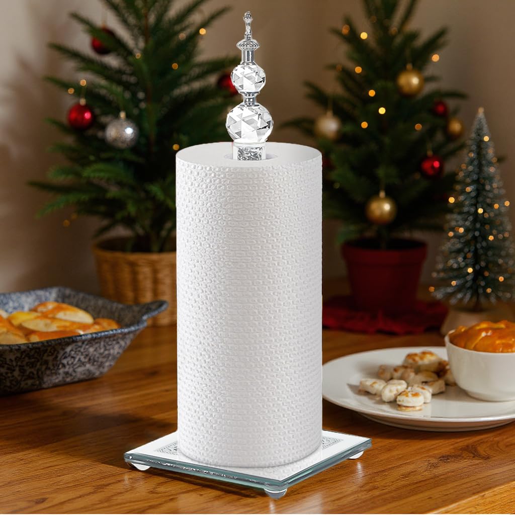 Crystal Paper Towel Holder, Bling Silver Paper Towel Roll Holder, Decor Standing Paper Towel Holder with Weighted Base, Paper Towel Dispenser for Kitchen Countertops Bathroom, Anti Slip(Square/Silver)