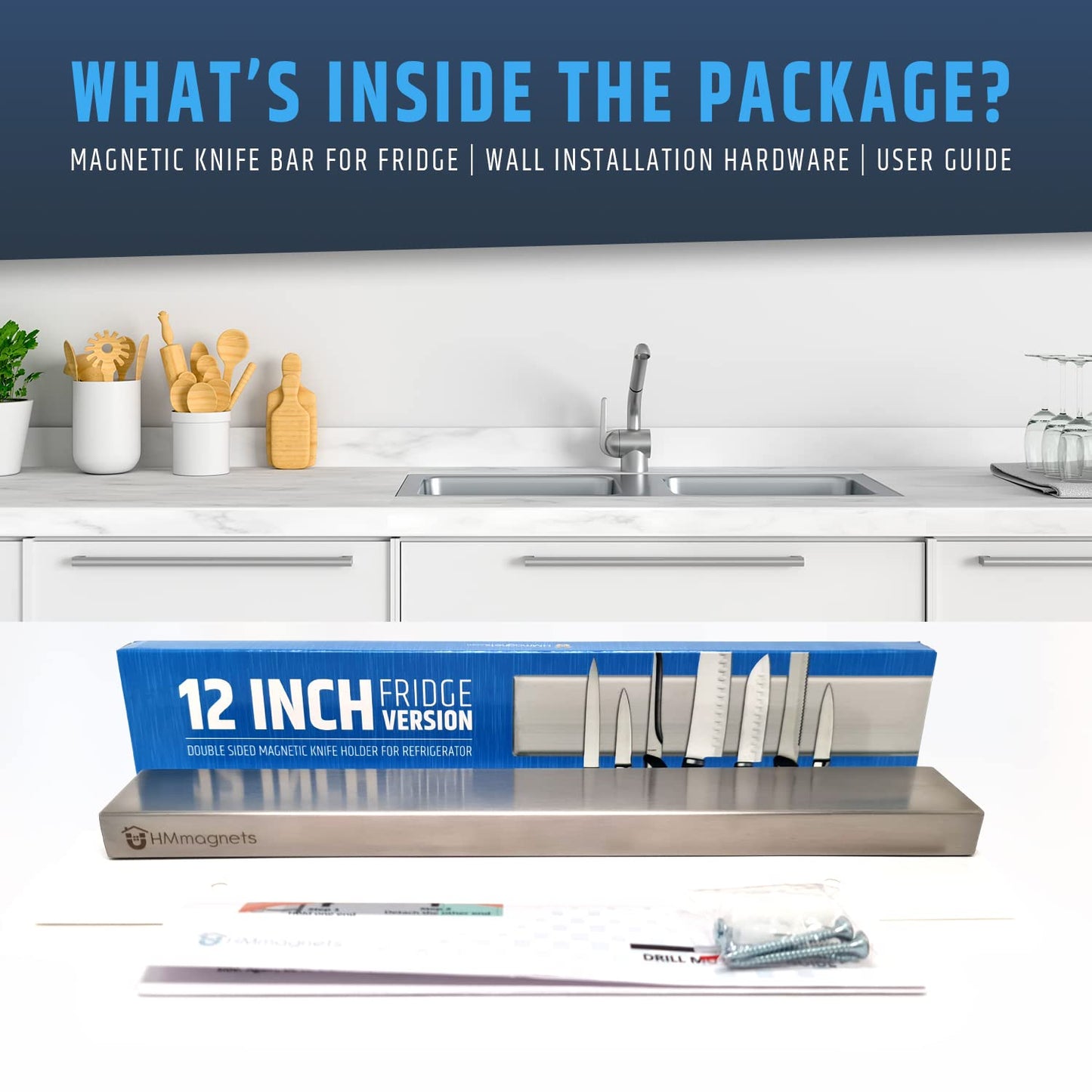12" Premium Magnetic Knife Holder for Refrigerator (Double-Sided Heavy-Duty Magnets) - Upgraded Strip for Strong Fridge Mount - Clear Up Counter Space - 304 Anti-Rust Stainless Steel (Upgraded Design)
