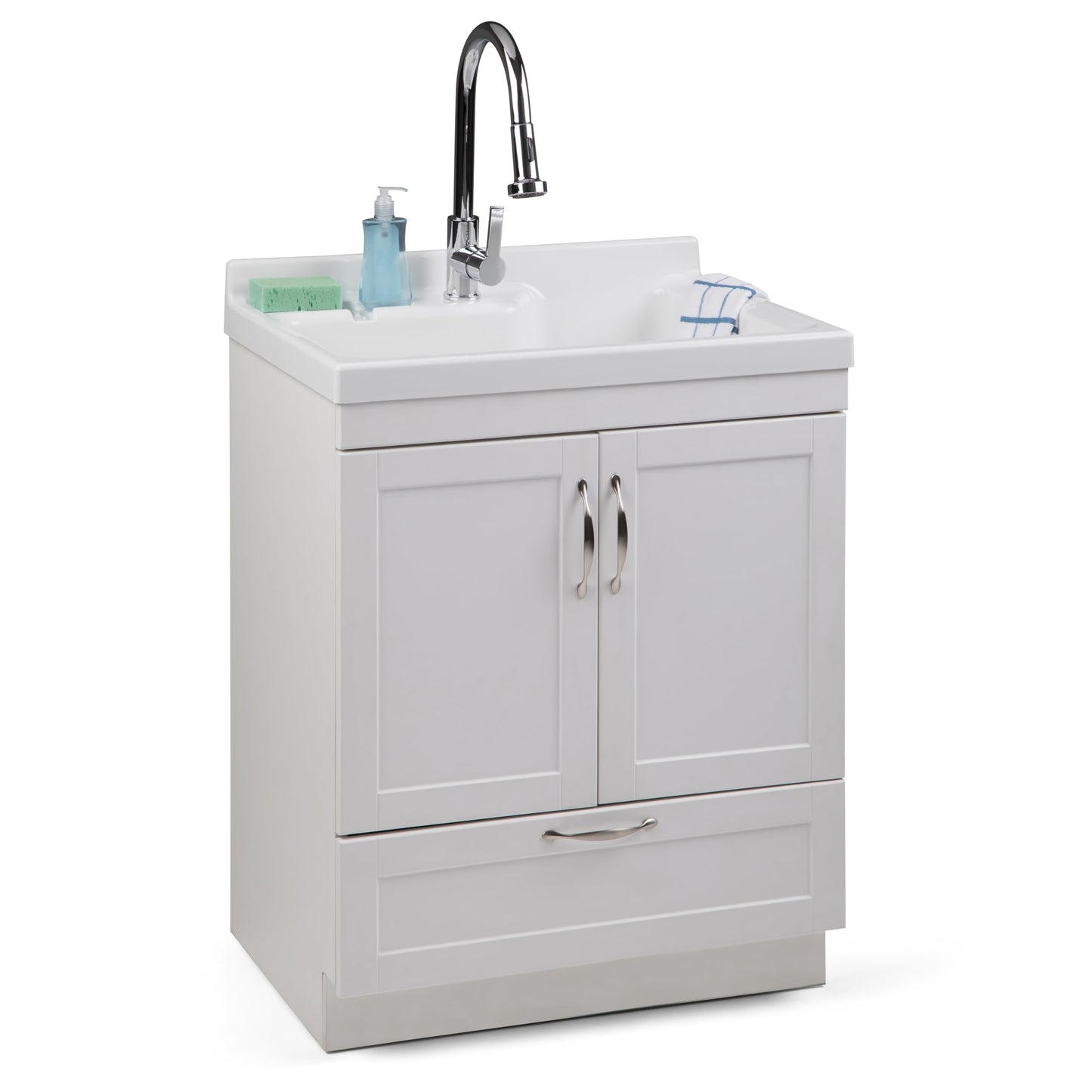SIMPLIHOME Maile All-in-One 28 inch Wide Utility Sink and Laundry Cabinet in Pure White Finish, Transitional ABS Sink Cabinet for Laundry Rooms or Garage with High-Arch Chrome Faucet and Storage
