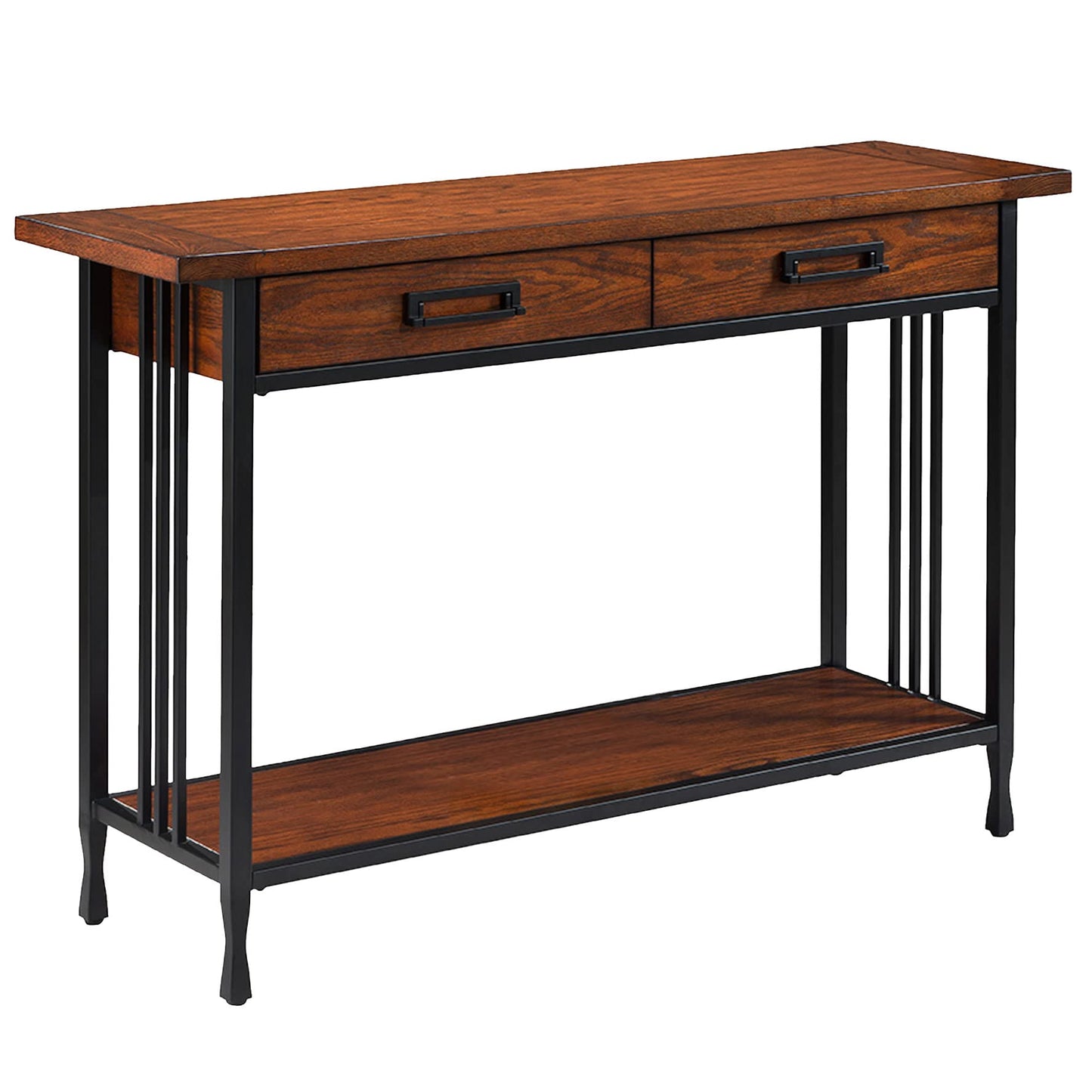 Leick Home 11233 Ironcraft Rustic Two Drawer Hall Console Sofa Table with Shelf, Mission Oak and Black Metal