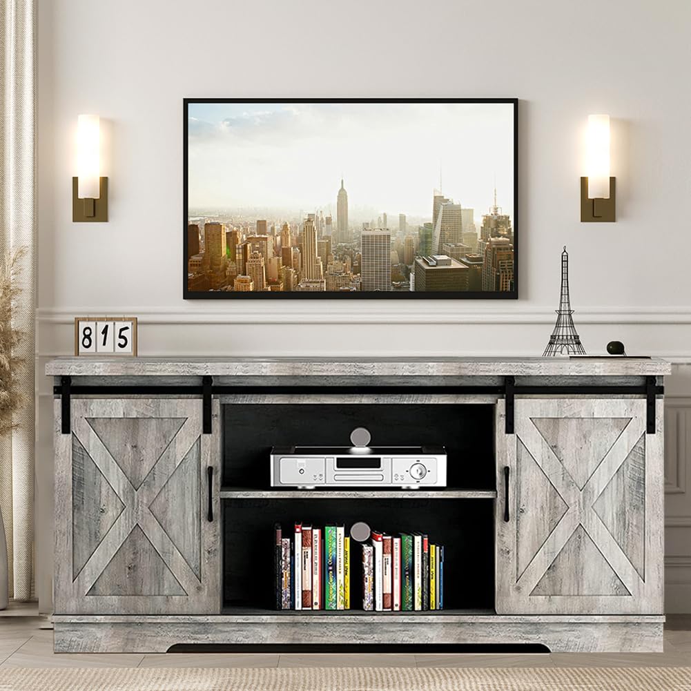 IDEALHOUSE Farmhouse TV Stand, Entertainment Center for 65 Inch TV Media Console Cabinet, White Barn Doors TV Stand with Storage and Shelves, Modern TV Console Table Furniture for Livingroom (Gray)