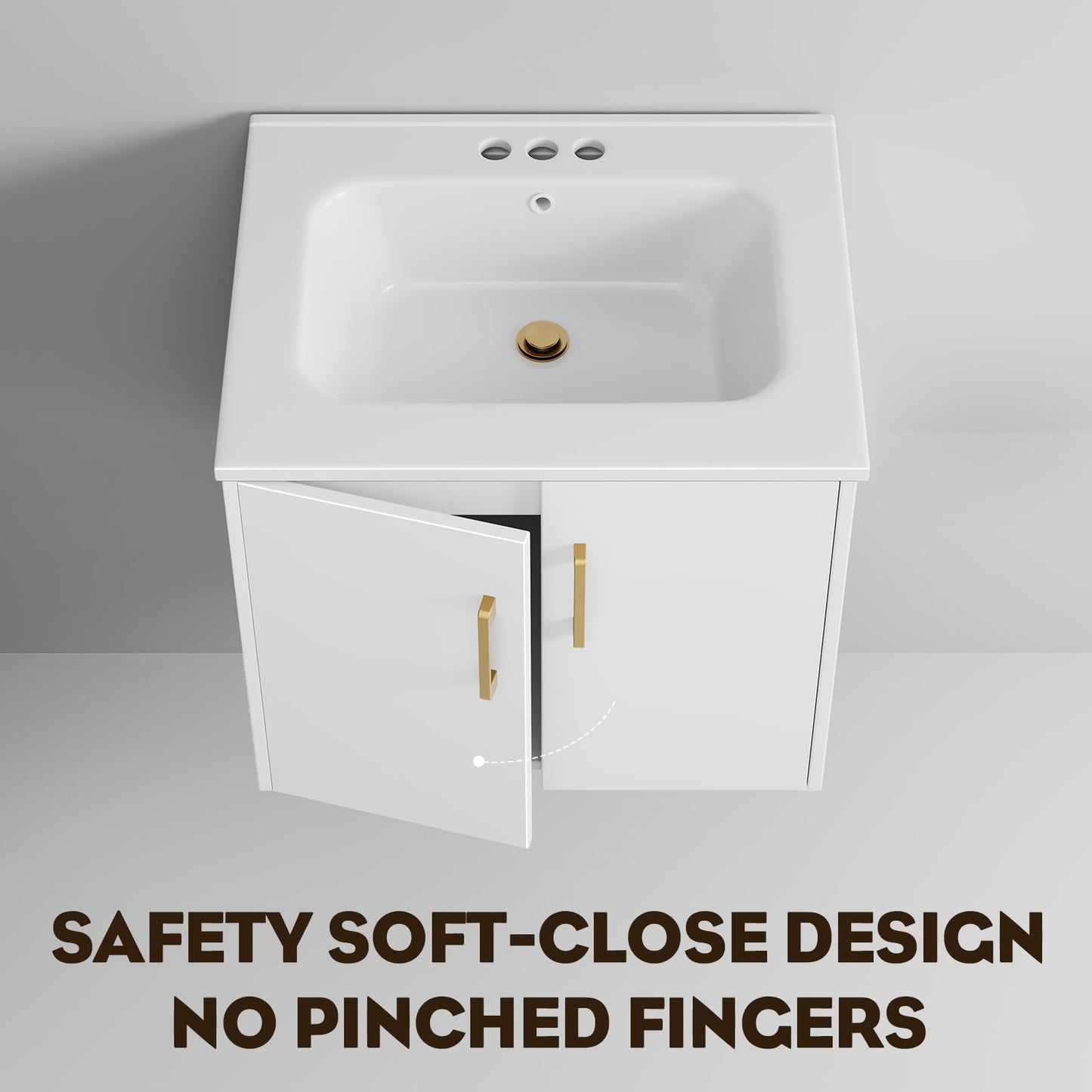 phiestina 24 Inch White Floating Bathroom Vanity, Pre-Assembled Wall-Mounted Cabinet with 2 Soft-Close Doors & 3 Hole Ceramic Sink, No Faucet,BV08-24-WHITE