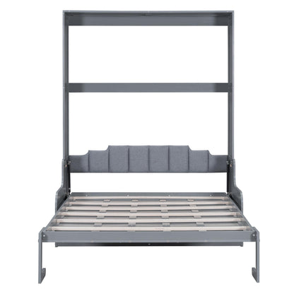 Merax Queen Size Murphy Bed Frame, Modern Wall Bed Can Be Folded into Cabinet, Chair with Cushion, Gray