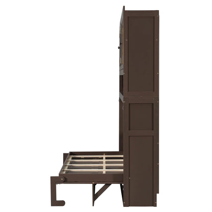 DNYN Murphy Bed Frame with Top Cabinet and LED for Bedroom/Guest/Study Room, Twin Size Wooden Foldable Wall Bed with USB Ports, Space-Saving Design & No Box Spring Needed