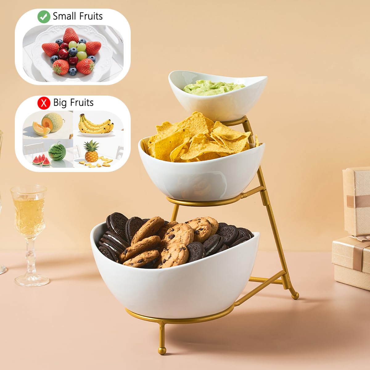 LYEOBOH 3 Tier Serving Bowls Set Tiered Serving Stand, Porcelain Oval Bowls with Collapsible Metal Stand for Entertaining, Party, Dessert Display, Candy, Chip and Dip (Gold)-45oz / 17.5oz / 7oz