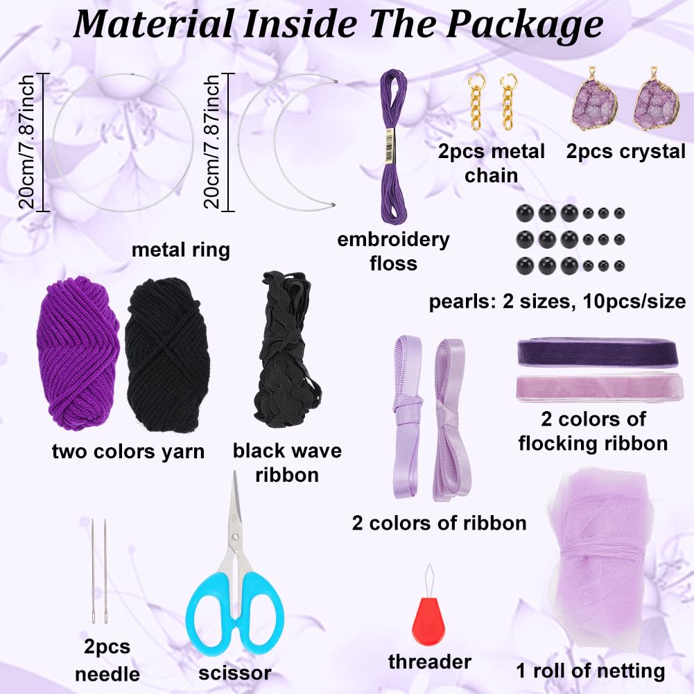 BEUNITONE DIY Purple Moon Lace Gothic Dream Catcher kit 2 Set Boho Large Half Circle Handmade Dream Catcher Kit with Purple Agate for Wall Decor Women Gift Moon Sun DIY Gifts for Bedroom Christmas