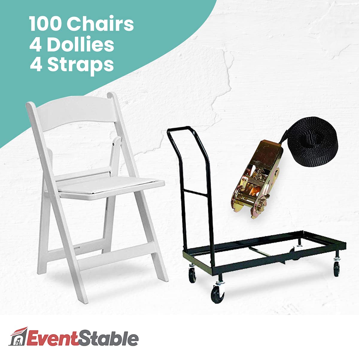 EventStable Titan Series 100 Resin Folding Chairs with 4 Dollies and 4 Straps Bundle - White Indoor/Outdoor Lightweight Folding Chair - Padded Folding Chair for Weddings Parties Events