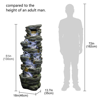 Naturefalls 51" Extra Large Outdoor Water Fountain - Waterfall Fountain with 7 LED Lights, 7-Tiers Cascading, Poly-Resin Indoor and Outdoor Fountain for Garden, Patio, Backyard, Lawn, Yard Decor