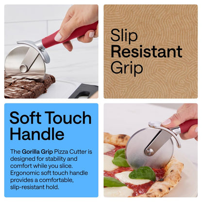 GORILLA GRIP Patented BPA-Free Large Pizza Cutter Wheel, 9 Inch, Extra Sharp Stainless Steel Blade, Slip Resistant Handle with Thumb Guard Protection, Slice Thick or Thin Pizzas, Pie, Pastries, Red