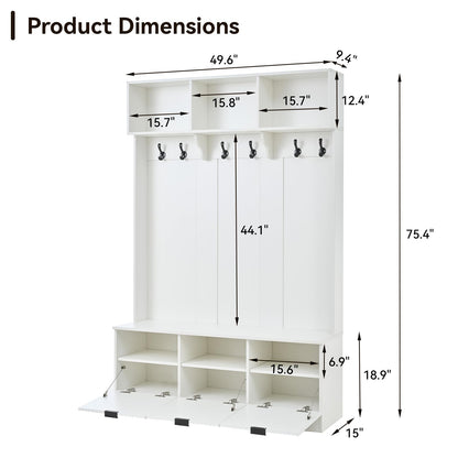 KEIKI 5-in-1 Hall Tree with Bench, Shoe Storage & 3 Open Storage Cabinets, Multi-Functionale Farmhouse Hall Tree with High Gloss Fluted Doors for Hallway Living Room, White