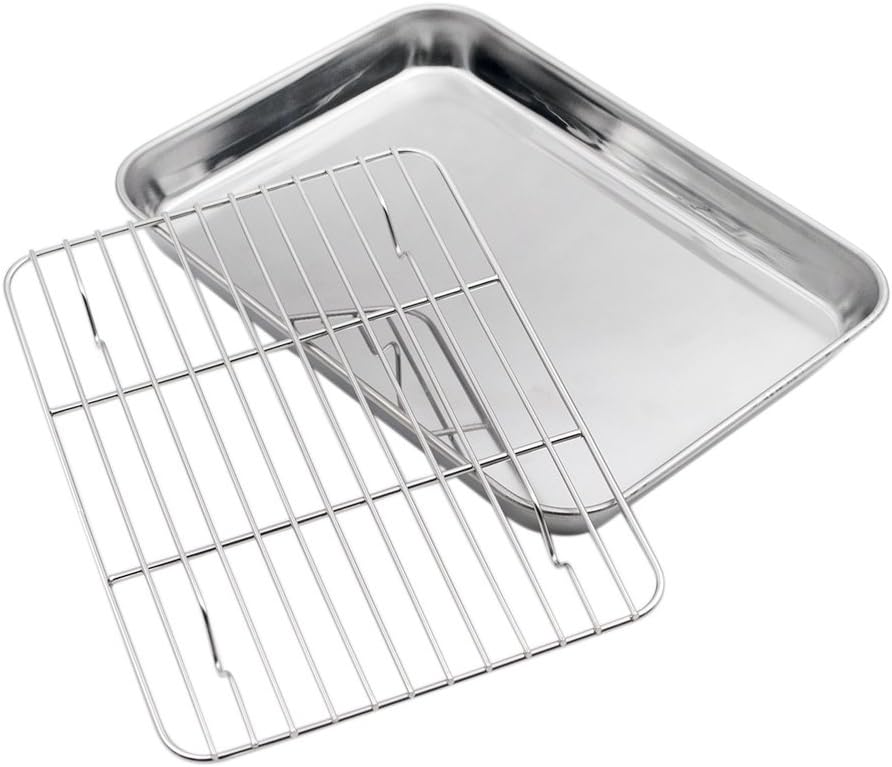 Baking Sheet with Rack Set, Stainless Steel Cookie Sheet and Cooling Rack, 10.5 Inch x 8 Inch x 1 Inch