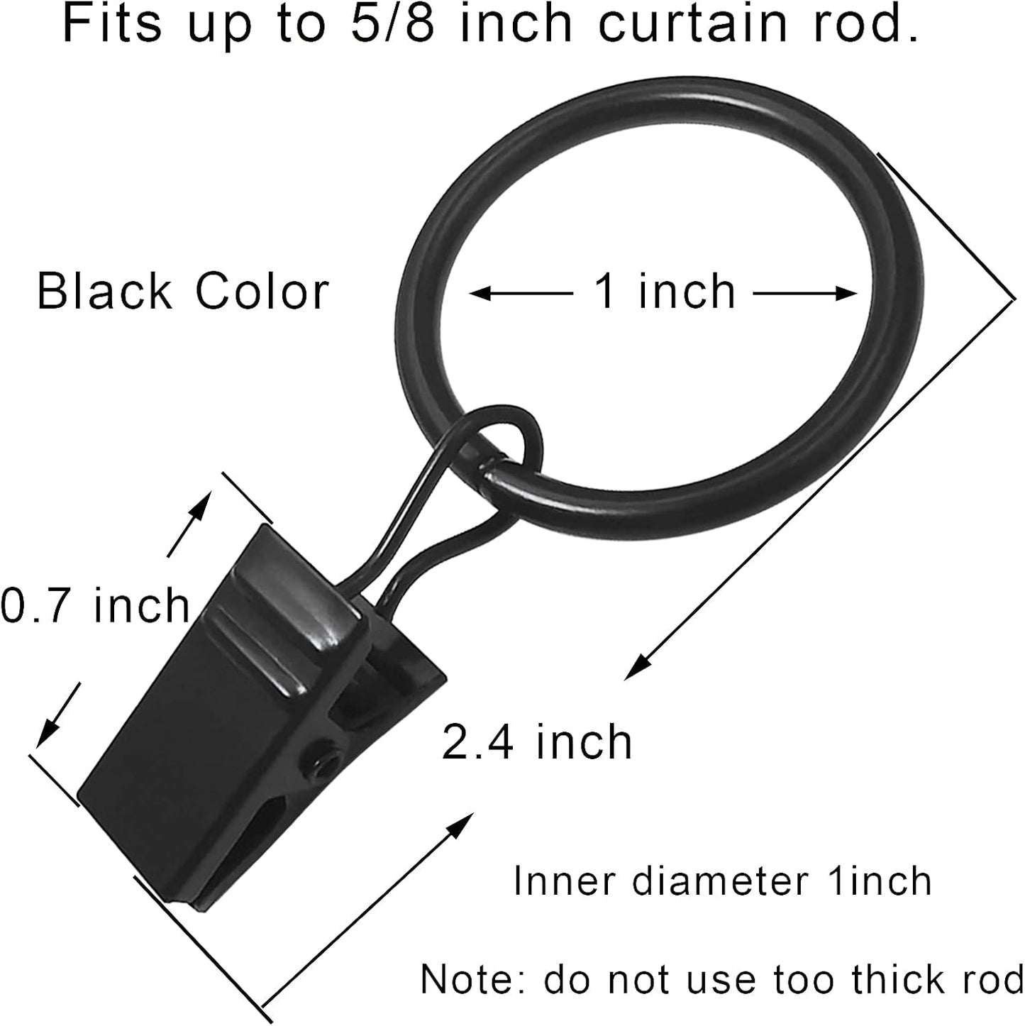 44 Pack Metal Curtain Rings with Clips | Drapery Clips with Rings | Fits Diameter 6/8 in Curtain Rod, Black