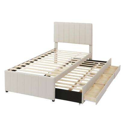 Merax Twin Size Bed Frame with Trundle and 3 Storage Drawers, Elegant Linen Upholstered Platform Bed with Stripe Headboard for Bedroom, Small Spaces, Solid Wood Slats Support, Easy Assembly, Beige