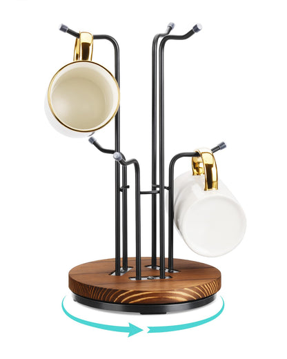HULISEN 360° Rotating Mug Tree for Large Cups, Counter Coffee Mug Holder with 6 Hooks, Metal Coffee Cup Rack Stand for Countertop with Stable Wooden Base, Kitchen Counter Decor